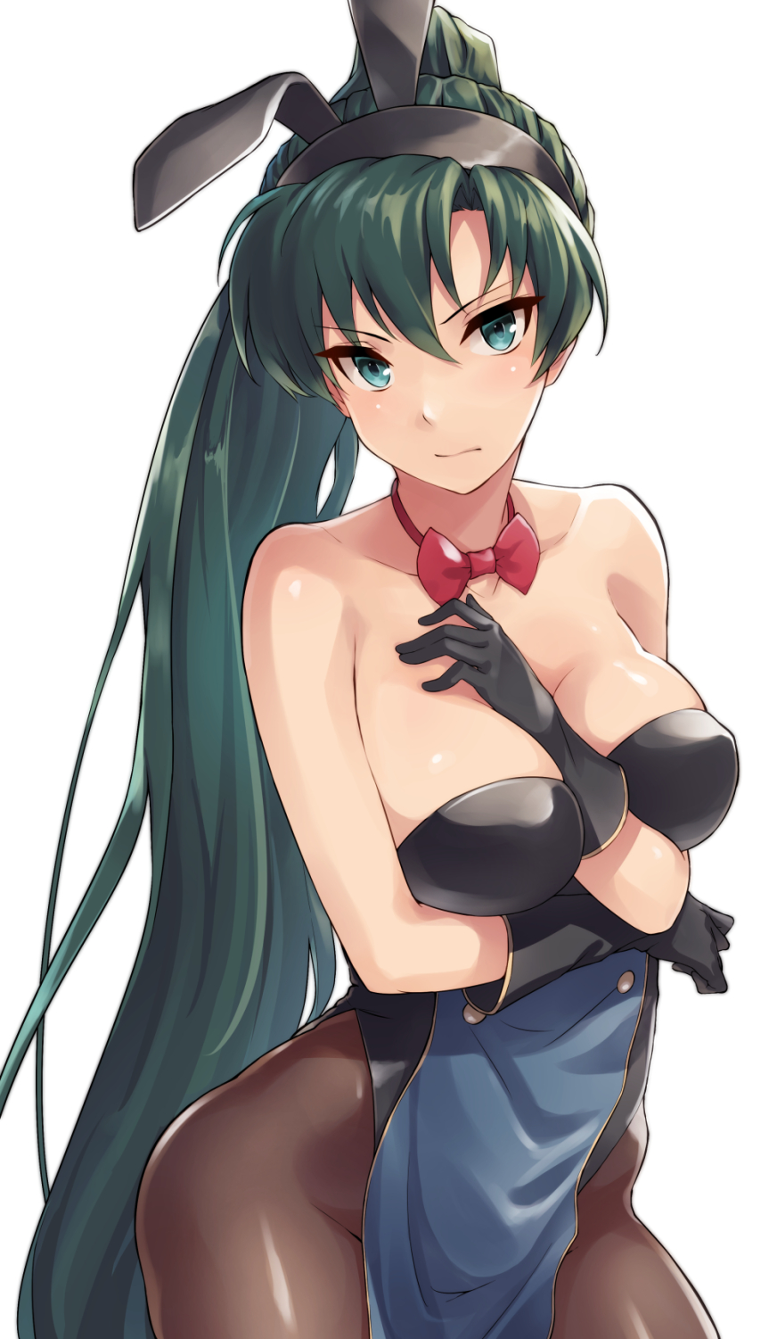 1girl animal_ears aqua_eyes bare_shoulders between_breasts black_gloves black_legwear blush bow bowtie breasts bunny_girl bunny_tail bunnysuit cleavage commentary_request cowboy_shot fake_animal_ears female fire_emblem fire_emblem:_rekka_no_ken gloves green_hair high_ponytail highres large_breasts long_hair looking_at_viewer lyndis_(fire_emblem) pantyhose ponytail rabbit_ears shinon_(tokage_shuryou) simple_background solo tail very_long_hair white_background
