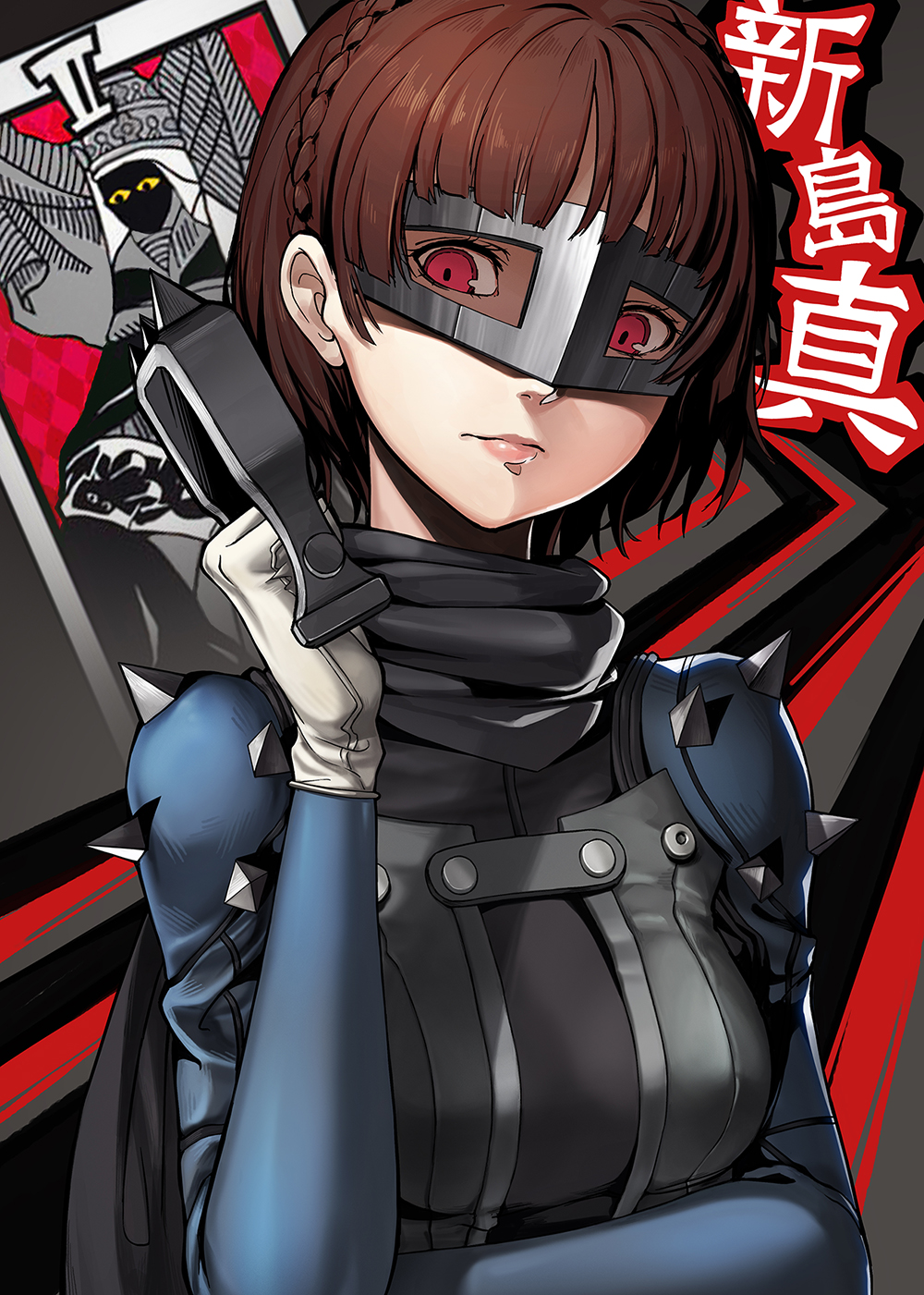 1girl bodysuit braid breasts brown_hair eyelashes gloves highres lips looking_at_viewer mask medium_breasts neko_sheep niijima_makoto persona persona_5 red_eyes scarf short_hair shoulder_pads shoulder_spikes solo spikes text upper_body weapon