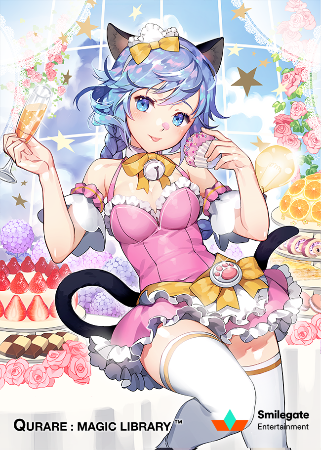 1girl alcohol animal_ears apron arms_up bangs bare_shoulders bell blue_eyes blue_hair blue_sky blush bow braid breasts cake cake_stand cat_ears cat_girl cat_tail champagne champagne_flute checkerboard_cookie cleavage closed_mouth clouds cloudy_sky collar company_name cookie copyright_name covered_navel cup cupcake day detached_sleeves dress drinking_glass flower food food_on_face frilled_apron frilled_dress frilled_sleeves frills fruit gearous glint holding holding_food horizontal-striped_legwear hydrangea jingle_bell lace leg_up light_bulb long_hair looking_at_viewer macaron maid_headdress medium_breasts official_art orange orange_slice paw_print pink_collar pink_dress pink_flower pink_rose purple_flower qurare_magic_library raised_eyebrows rose see-through shiny shiny_skin single_braid sky slice_of_cake smile solo sprinkles standing standing_on_one_leg star strawberry strawberry_shortcake striped striped_legwear swept_bangs swiss_roll tail text thigh-highs tiered_tray tongue tongue_out waist_apron white_apron white_legwear window yellow_bow