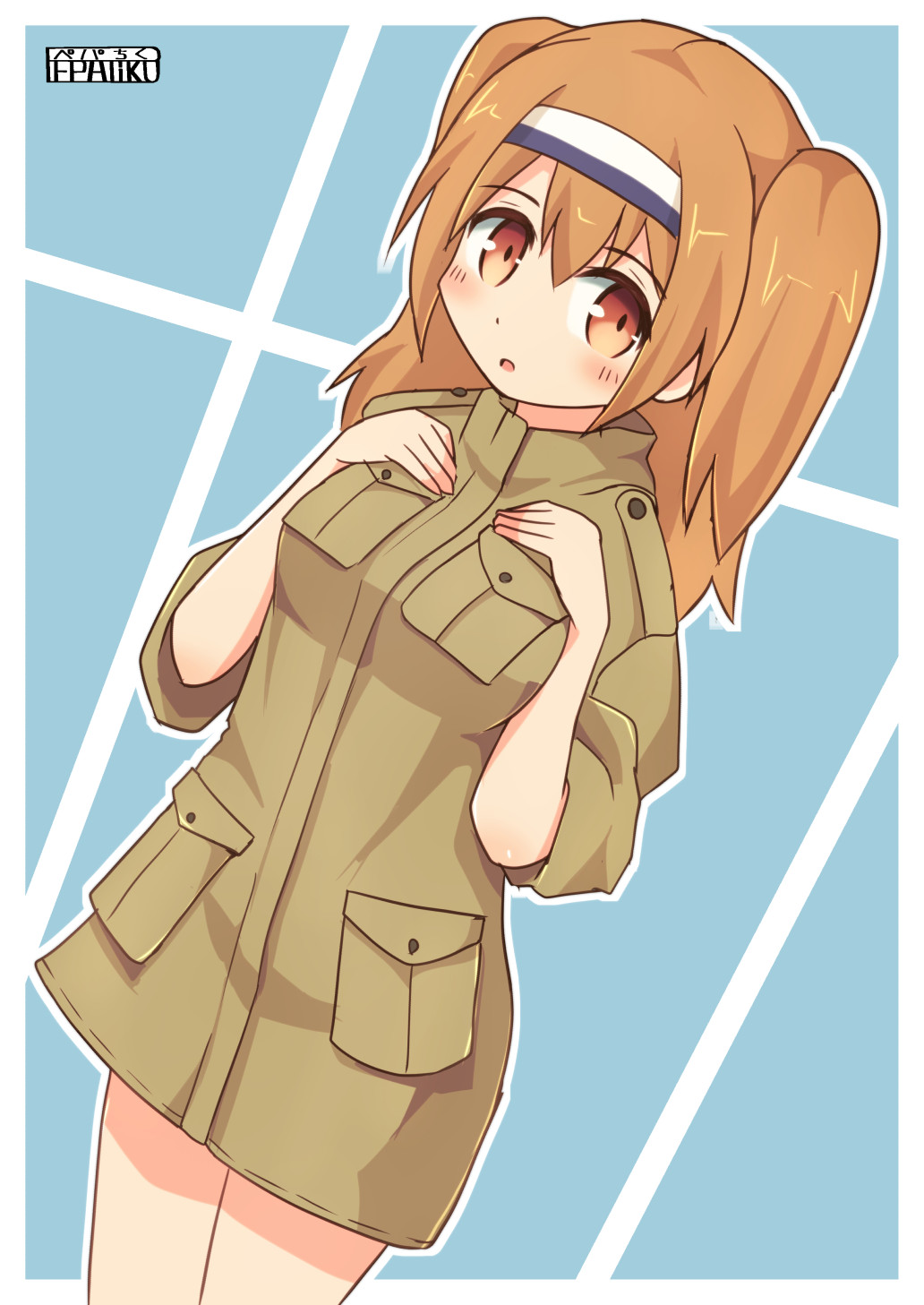 1girl :o alternate_costume artist_name hairband hand_on_own_chest highres i-26_(kantai_collection) kantai_collection light_brown_eyes light_brown_hair long_hair looking_at_viewer pepatiku pocket simple_background solo trench_coat two-tone_hairband two_side_up
