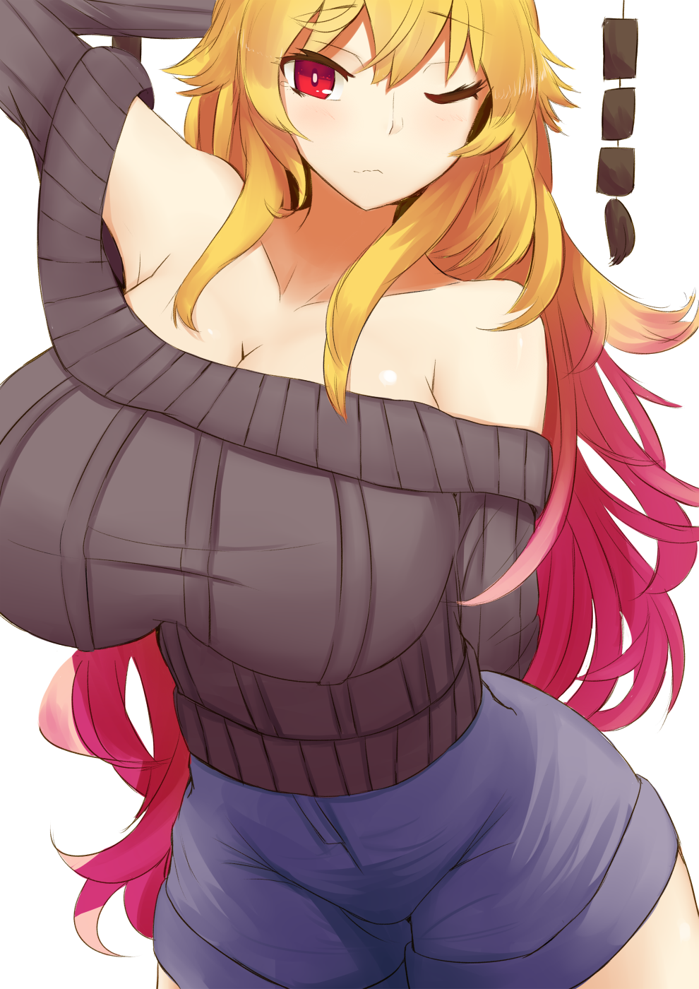 1girl alternate_costume alternate_hair_color bangs black_sweater blonde_hair blush breasts cleavage contemporary cowboy_shot denim denim_shorts eyebrows_visible_through_hair gradient_hair hand_behind_head highres huge_breasts junko_(touhou) light_frown long_hair long_sleeves looking_at_viewer mature multicolored_hair off-shoulder_sweater one_eye_closed pink_hair ribbed_sweater shiny shiny_skin shirt shorts sidelocks simple_background solo sweater taut_clothes taut_shirt touhou uchisukui very_long_hair white_background