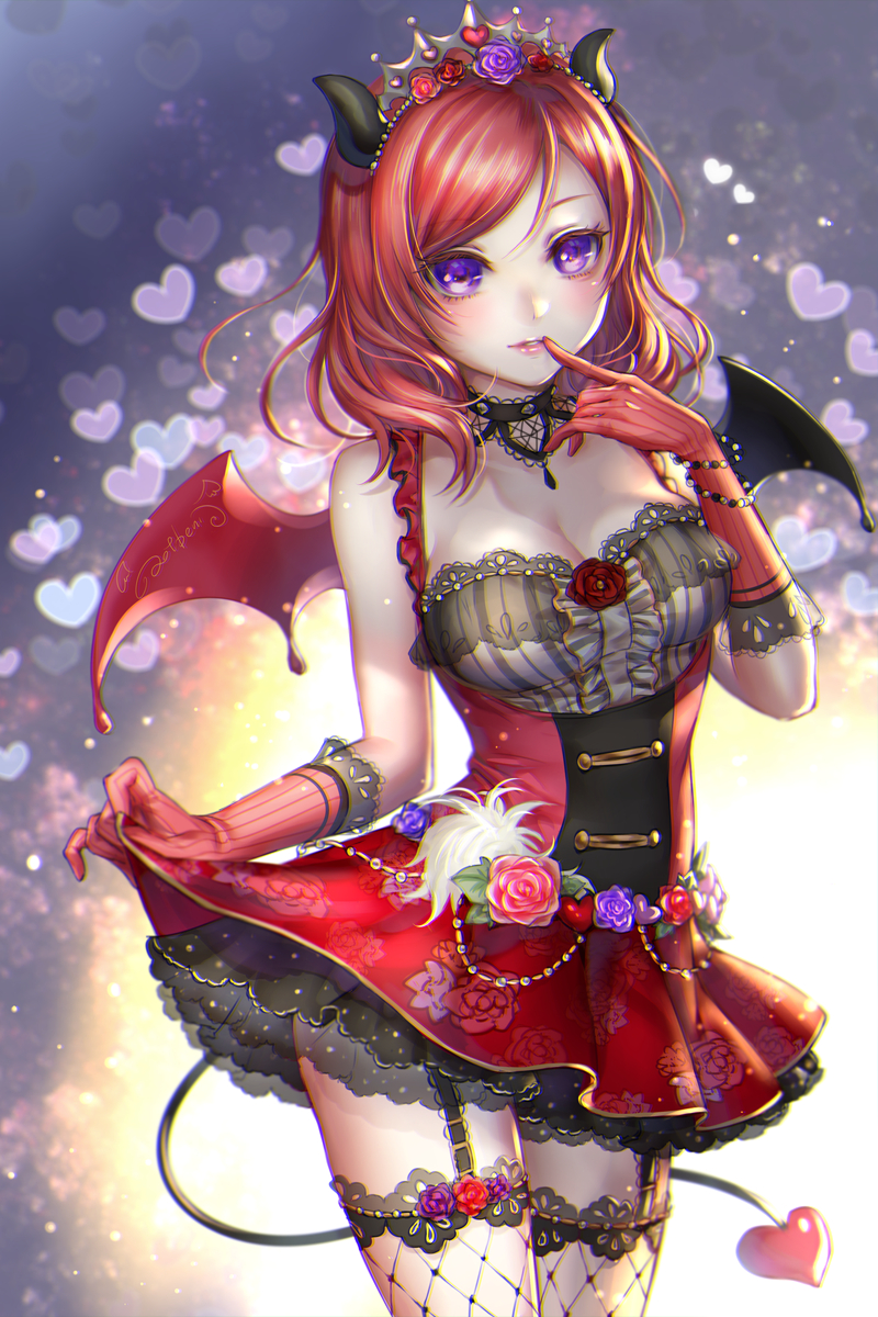 blush devil dress gloves horns love_live!_school_idol_project nishikino_maki purple_eyes redhead short_hair skirt smile tail trident