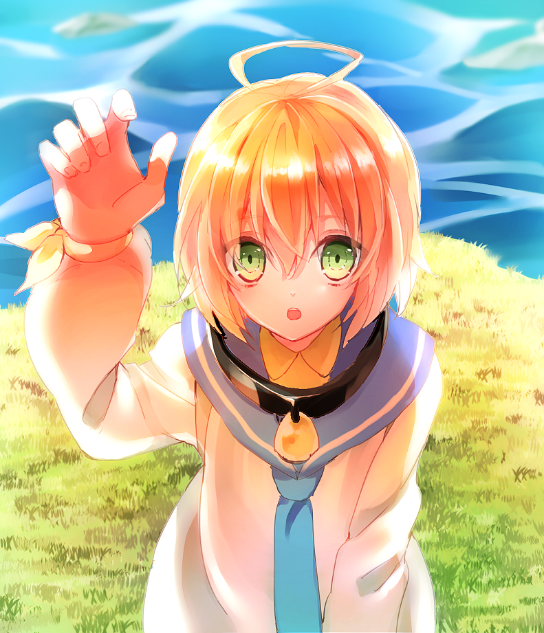 1boy ahoge blonde_hair child collar grass green_eyes laphicet_(tales) male_focus open_mouth sen_(senchaaa) solo tales_of_(series) tales_of_berseria teeth upper_body water