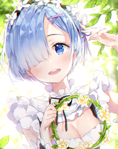 1girl bangs blue_eyes blue_hair blunt_bangs blush breasts cleavage close-up collar commentary_request detached_collar frilled_collar frills hair_ornament hair_over_one_eye hair_ribbon holding lib looking_at_viewer maid maid_headdress medium_breasts open_mouth plant purple_ribbon re:zero_kara_hajimeru_isekai_seikatsu rem_(re:zero) ribbon short_hair smile solo tareme teeth upper_body vines wreath x_hair_ornament