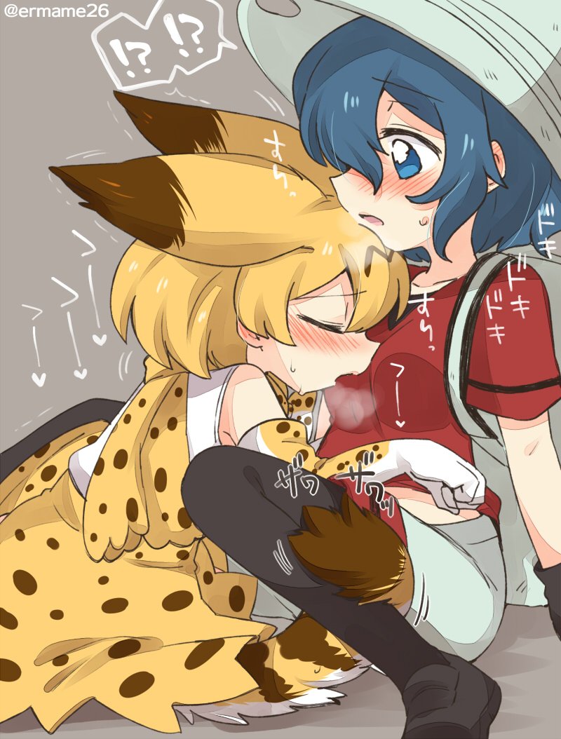 animal_ears backpack bag blue_eyes blue_hair blush bow bowtie bucket_hat elbow_gloves eromame gloves hat hat_feather heavy_breathing high-waist_skirt kaban_(kemono_friends) kemono_friends red_shirt serval_(kemono_friends) serval_ears serval_print serval_tail shirt skirt sleeveless sleeveless_shirt striped_tail tail translation_request yuri