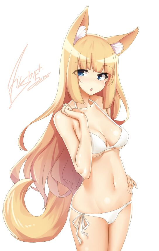 1girl animal_ears artist_name bikini blonde_hair blue_eyes breasts collarbone commentary dated eyebrows_visible_through_hair eyes_visible_through_hair fox_ears fox_tail hand_on_hip legs_together long_hair medium_breasts navel open_mouth original side-tie_bikini simple_background standing swimsuit tail tilt-shift very_long_hair white_background white_bikini