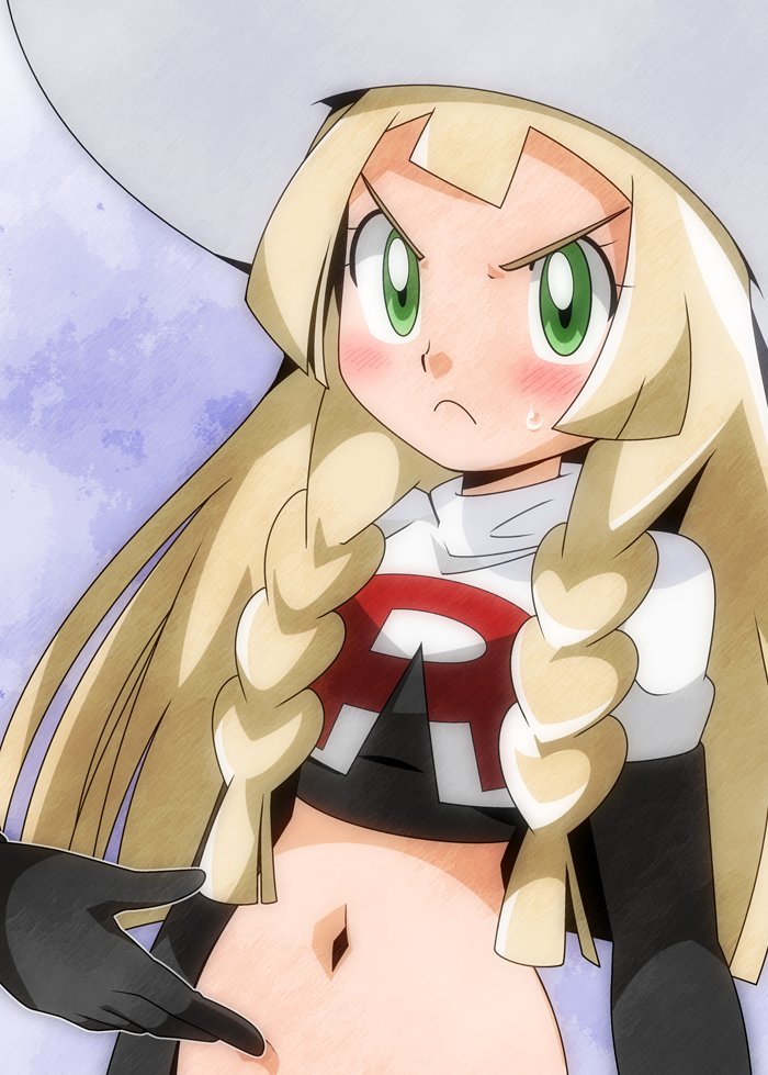 1girl alternate_costume angry bangs black_gloves blonde_hair blunt_bangs blush braid cosplay elbow_gloves frown gloves hainchu hand_on_another's_stomach hat lillie_(pokemon) long_hair midriff musashi_(pokemon) musashi_(pokemon)_(cosplay) navel pokemon pokemon_(anime) stomach sun_hat sweatdrop team_rocket team_rocket_(cosplay) twin_braids upper_body