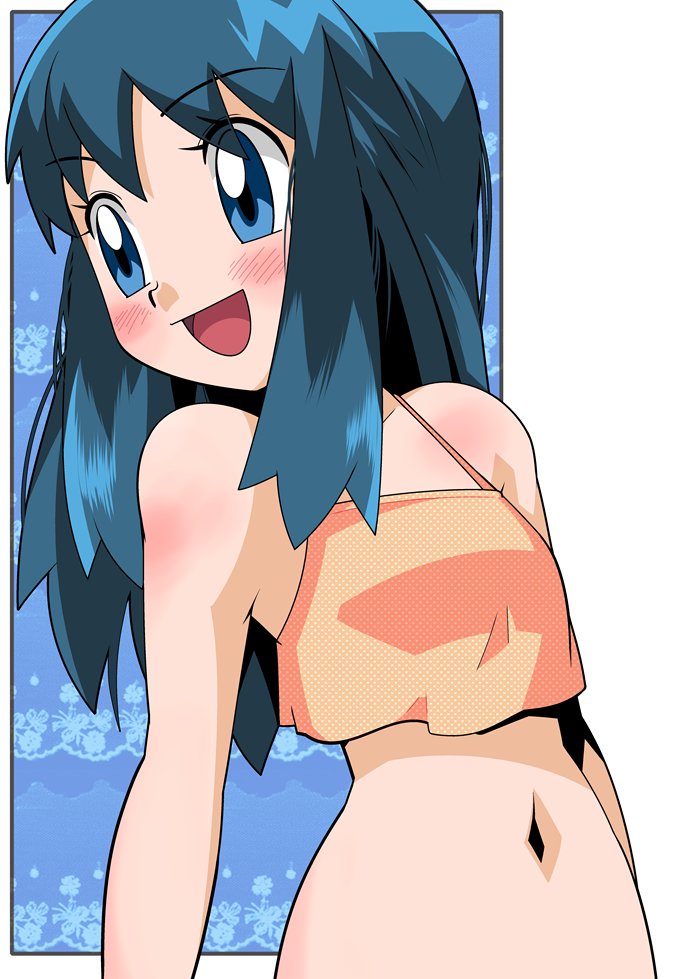 1girl :d alternate_costume arms_up bare_shoulders blue_eyes blush crop_top hainchu hikari_(pokemon) looking_to_the_side midriff navel open_mouth pokemon pokemon_(anime) smile solo stomach upper_body