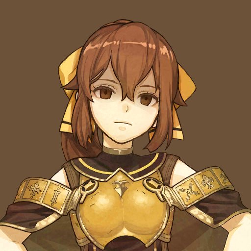 1girl bow breastplate brown_background brown_eyes brown_hair dyute_(fire_emblem) fire_emblem fire_emblem_echoes:_mou_hitori_no_eiyuuou hidari_(left_side) hypnosis long_hair mind_control official_art ponytail portrait simple_background solo