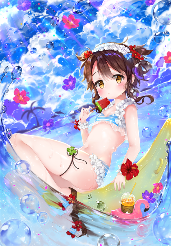 1girl bangs bikini bird blue_bikini blue_sky blush breasts brown_hair closed_mouth clouds cloudy_sky commentary_request day drink dutch_angle flamingo food frilled_bikini frilled_hairband frills hair_between_eyes holding holding_food horizon inflatable_raft lib looking_at_viewer navel ocean outdoors popsicle short_hair short_twintails sitting sky small_breasts solo striped striped_bikini swimsuit sword_girls thighs twintails water water_drop watermelon_bar wavy_hair