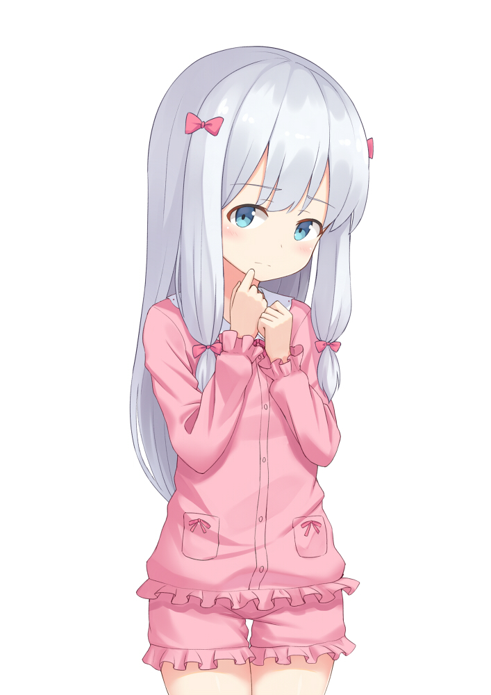 1girl blue_eyes bow child ero_manga_sensei eromanga_sensei hand_to_own_mouth heijialan izumi_sagiri long_hair pajamas pink_pajamas pink_shirt pink_shorts ribbon shirt shorts silver_hair solo