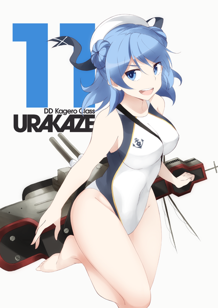 1girl alternate_costume anchor_symbol bangs bare_arms bare_legs barefoot blue_eyes blue_hair breasts character_name collarbone competition_swimsuit double_bun eyebrows eyebrows_visible_through_hair groin hat kantai_collection large_breasts looking_to_the_side machinery number one-piece_swimsuit one_leg_raised open_mouth sailor_hat simple_background sleeveless solo souji swimsuit urakaze_(kantai_collection)