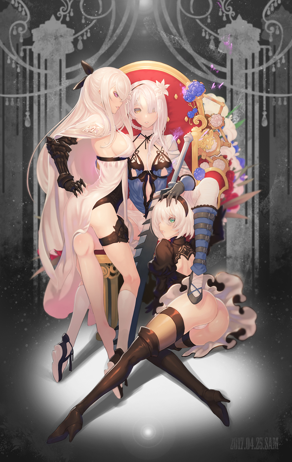 3girls ass bandage black_boots black_dress black_hairband boots braid breasts bulge chair cleavage drag-on_dragoon drag-on_dragoon_3 dress ecell elbow_gloves feather-trimmed_sleeves flower flower_eyepatch gauntlets gloves hair_flower hair_ornament hairband high_heel_boots high_heels highres kaine_(nier) leotard lingerie long_hair looking_at_viewer multiple_girls negligee nier nier_(series) nier_automata no_blindfold panties red_eyes short_hair silver_hair sitting sword thigh-highs thigh_boots thighhighs_under_boots underwear weapon white_hair white_legwear white_leotard white_panties yorha_no._2_type_b zero_(drag-on_dragoon)