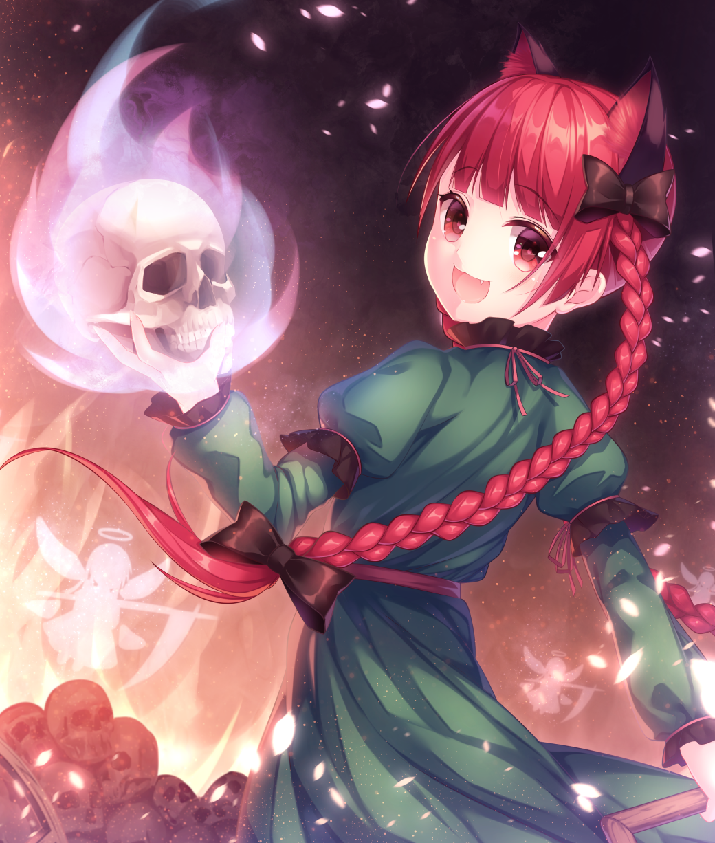 1girl :3 animal_ears bangs black_bow bow braid cat_ears commentary_request dress fairy_wings fang fire green_dress hair_bow halo highres juliet_sleeves kaenbyou_rin kokkeina_budou long_hair long_sleeves looking_at_viewer looking_back puffy_sleeves red_eyes redhead scythe skull smile solo touhou twin_braids very_long_hair wings zombie_fairy