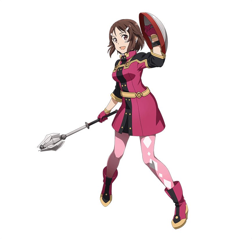 1girl :d asymmetrical_legwear boots brown_eyes brown_hair dress full_body gloves hair_ornament hairclip holding holding_weapon looking_at_viewer open_mouth pink_legwear red_boots red_dress red_gloves shield shinozaki_rikka short_dress short_hair_with_long_locks sidelocks simple_background smile solo standing sword_art_online thigh-highs weapon white_background