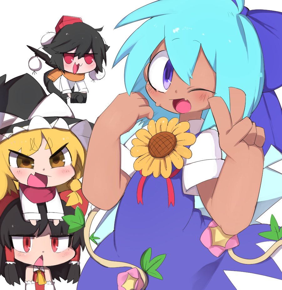 :3 black_hair blonde_hair blouse blue_dress blue_eyes blue_hair braid camera chibi cirno detached_sleeves dress fang flower g_perarikku hair_ribbon hakurei_reimu hat hidden_star_in_four_seasons kirisame_marisa nontraditional_miko one_eye_closed pom_pom_(clothes) red_clothes red_eyes red_ribbon ribbon scarf shameimaru_aya single_braid sunflower surprised tan touhou v white_blouse wings witch_hat yellow_eyes