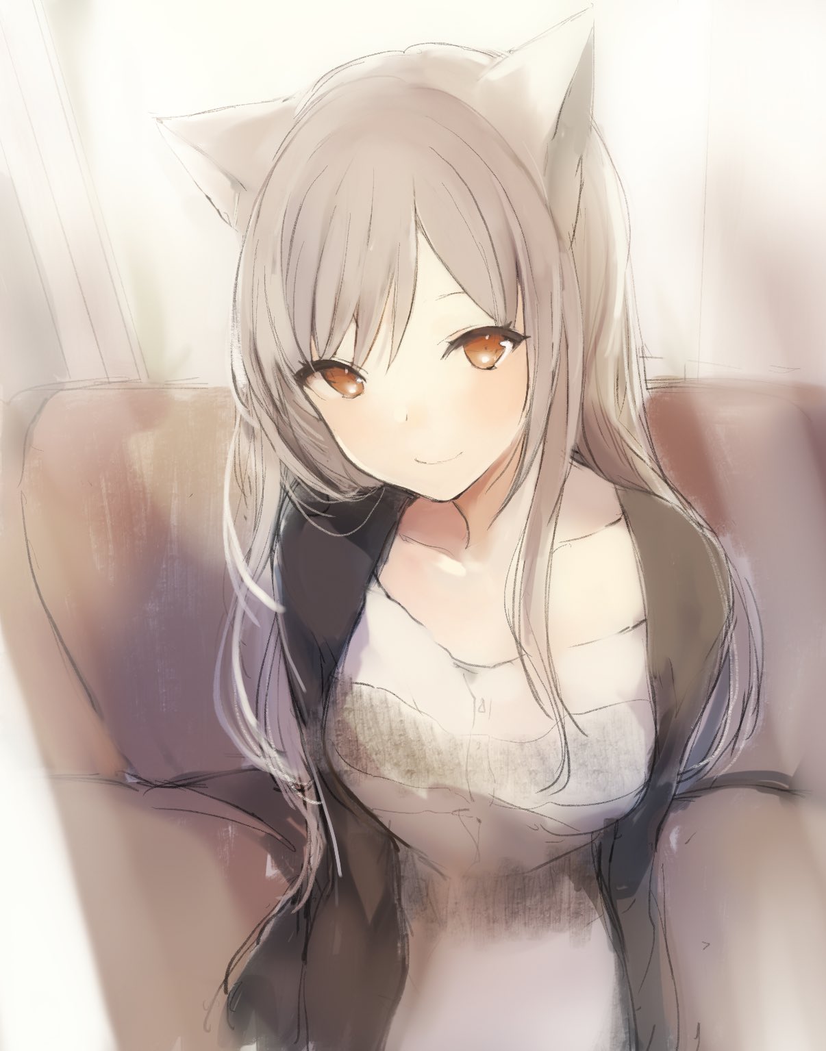 1girl animal_ears blush brown_eyes cardigan cat cat_ears closed_mouth couch dress eyebrows grey_hair highres jacket light_smile long_hair lpip navel neck on_couch open_cardigan open_clothes original red_eyes sitting smile white_dress