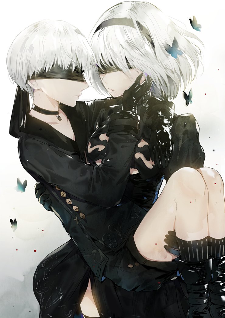 1boy 1girl black_butterfly black_choker black_dress black_gloves black_hairband black_legwear black_shirt black_shorts blindfold breasts butterfly carrying choker closed_mouth dangmill dress face-to-face gloves hairband jewelry long_sleeves medium_breasts mole mole_under_mouth nier_(series) nier_automata nose pendant princess_carry profile shirt short_hair shorts silver_hair simple_background socks standing white_background yorha_no._2_type_b yorha_no._9_type_s