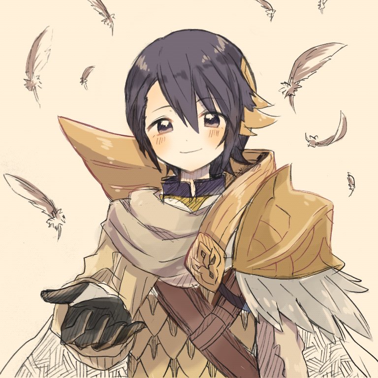 1boy alfonse_(fire_emblem) armor beckoning beige_background blonde_hair blue_eyes blue_hair blush cape feathers fire_emblem fire_emblem_heroes gloves male_focus multicolored_hair outstretched_hand simple_background solo two-tone_hair upper_body yataba