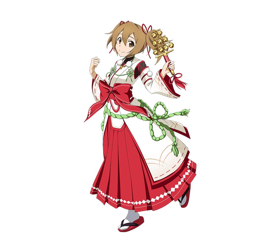 1girl brown_eyes brown_hair full_body hair_between_eyes hair_ribbon hakama holding japanese_clothes kimono long_hair looking_at_viewer nontraditional_miko obi one_leg_raised red_hakama red_ribbon ribbon ribbon-trimmed_sleeves ribbon_trim sash silica simple_background smile solo standing sword_art_online twintails white_background white_kimono white_legwear