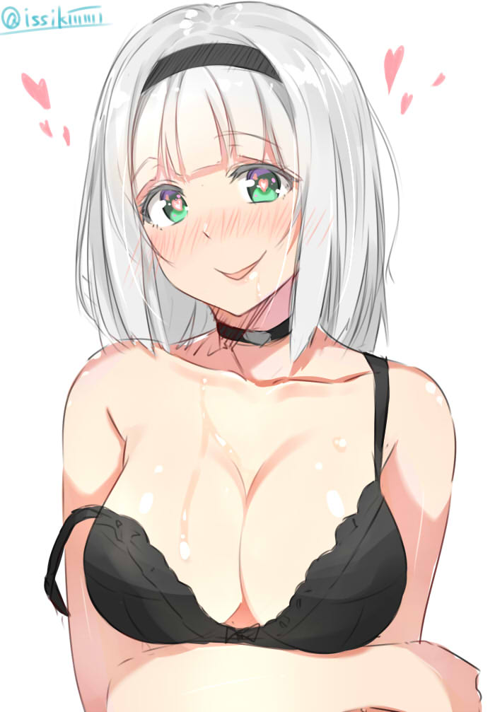 1girl anna_nishikinomiya black_bra blush bra breasts cleavage green_eyes hairband heart heart-shaped_pupils isshiki_(ffmania7) large_breasts looking_at_viewer saliva saliva_trail shimoneta_to_iu_gainen_ga_sonzai_shinai_taikutsu_na_sekai silver_hair simple_background smile solo strap_slip symbol-shaped_pupils twitter_username underwear weapon