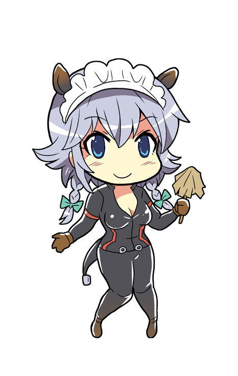 1girl blue_eyes breasts cleavage colonel_aki cosplay duster gloves hair_ribbon hippopotamus_(kemono_friends) hippopotamus_(kemono_friends)_(cosplay) hippopotamus_ears izayoi_sakuya kemono_friends knees_together_feet_apart long_hair looking_at_viewer maid_headdress medium_breasts pants ribbon shirt sidelocks silver_hair smile solo tail tight tight_shirt touhou white_background