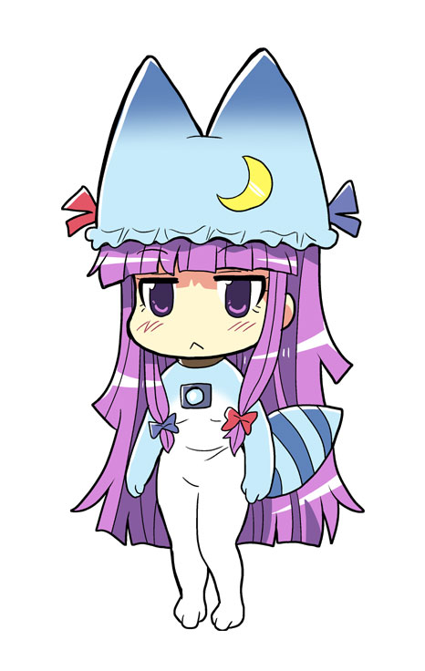 1girl :&lt; bangs blunt_bangs bow colonel_aki cosplay crescent crescent_hair_ornament hair_bow hair_ornament hat kemono_friends long_hair looking_at_viewer lucky_beast_(kemono_friends) lucky_beast_(kemono_friends)_(cosplay) patchouli_knowledge purple_hair sidelocks solo tail touhou unitard violet_eyes white_background