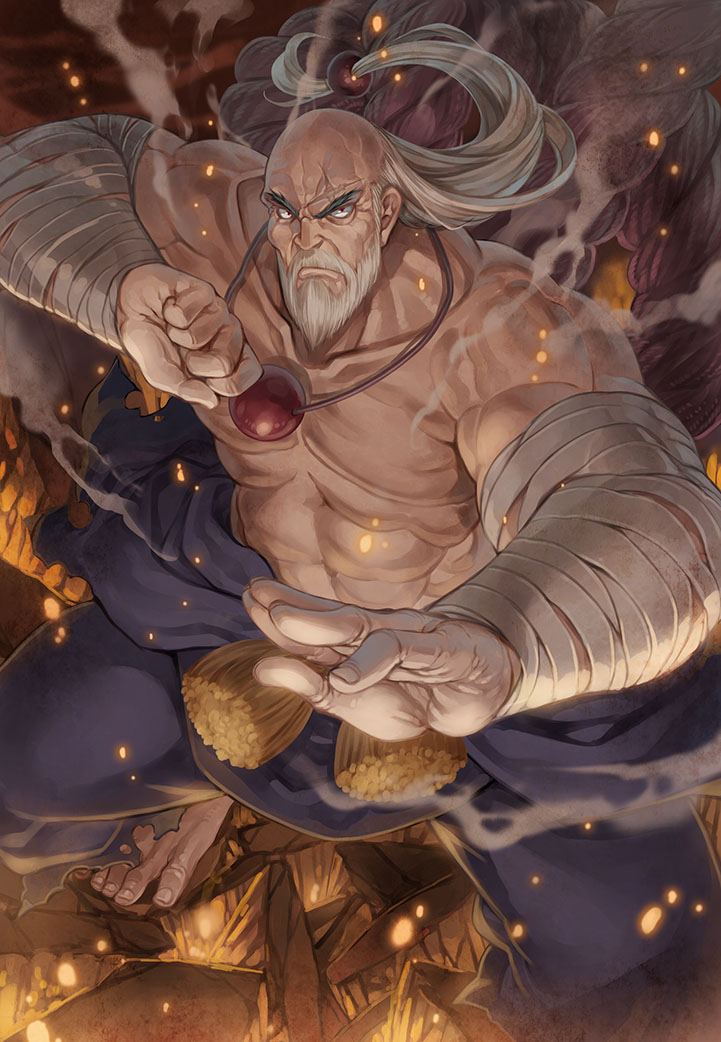 &gt;:( 1boy abs bald bandage barefoot beard chest closed_mouth collarbone dougi eyebrows facial_hair fighting_stance frown full_body gouken grey_hair hands_up keg long_hair looking_at_viewer male_focus muscle old_man red_eyes rope rubble scar serious shimenawa smoke solo sparks standing stomach street_fighter street_fighter_iv_(series) toes topless