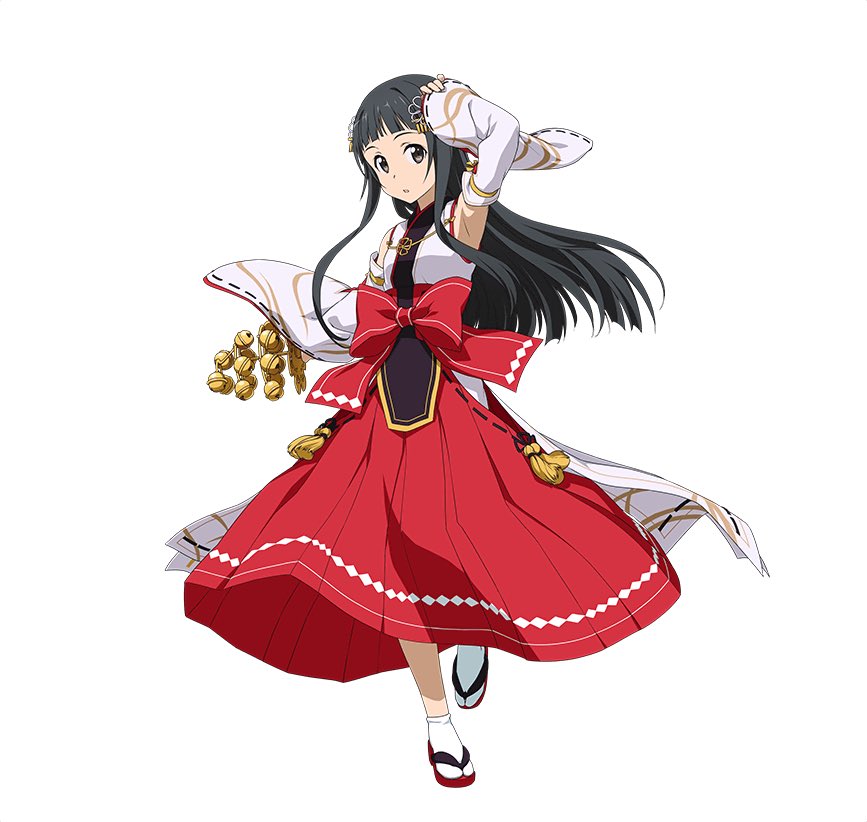 1girl arm_up armpits black_eyes black_hair black_ribbon detached_sleeves floating_hair full_body hakama hime_cut japanese_clothes long_hair looking_at_viewer nontraditional_miko one_leg_raised parted_lips red_hakama ribbon simple_background socks solo standing sword_art_online very_long_hair white_background white_legwear yui_(sao)