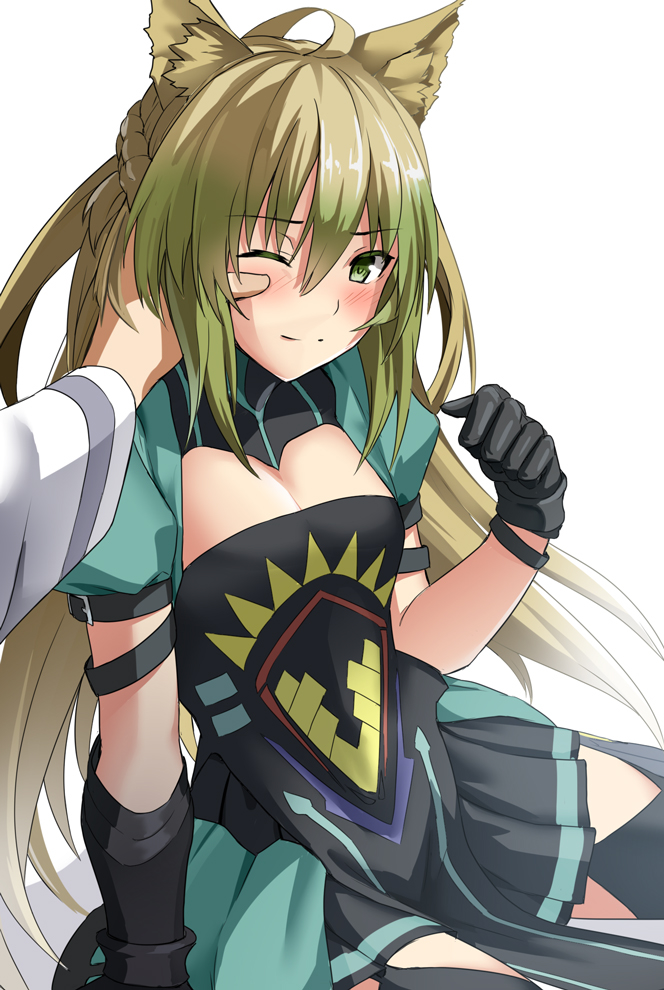 1girl ahoge animal_ears archer_of_red black_gloves black_legwear blonde_hair blush cat_ears cheek_press closed_mouth dress eyebrows_visible_through_hair fate/apocrypha fate_(series) gloves gradient_hair green_eyes green_hair hirame_sa long_hair looking_at_viewer multicolored_hair one_eye_closed simple_background solo_focus thigh-highs two-tone_hair white_background