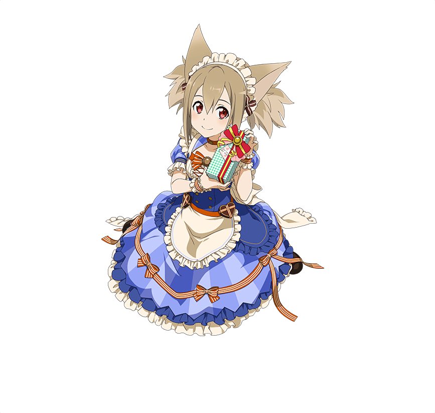 1girl animal_ears apron blue_dress bow bowtie brown_hair cat_ears choker collarbone dress frilled_dress frills full_body hair_between_eyes holding long_hair looking_at_viewer orange_bow orange_bowtie orange_ribbon red_eyes ribbon silica_(sao-alo) simple_background sitting smile solo striped striped_bow striped_ribbon sword_art_online white_background wrist_cuffs