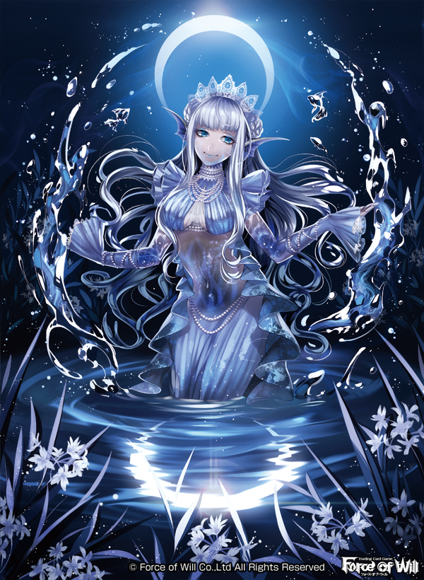 1girl blue_eyes center_opening copyright_name crown curly_hair flower force_of_will grass grey_hair grey_skin hair_flower hair_ornament head_fins long_hair matsurika_youko midriff moon navel night night_sky official_art sky solo tattoo water