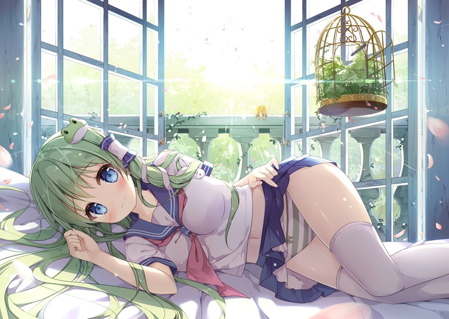 1girl alternate_costume animal backlighting balcony bed bed_sheet between_breasts bird birdcage blue_eyes blue_skirt blush bow bow_panties breasts cage closed_mouth commentary_request day embarrassed eyebrows_visible_through_hair frog_hair_ornament frown green_bow green_hair hair_ornament hair_tubes indoors kochiya_sanae lifted_by_self light_rays long_hair looking_at_viewer lying medium_breasts miniskirt miyase_mahiro navel neckerchief on_bed on_side open_window panties pantyshot pantyshot_(lying) petticoat plant pleated_skirt raised_eyebrows red_neckerchief school_uniform serafuku shiny shiny_hair shiny_skin skirt skirt_lift snake_hair_ornament solo stomach striped striped_panties sunbeam sunlight tareme thigh-highs thighs touhou underwear upskirt vines white_legwear