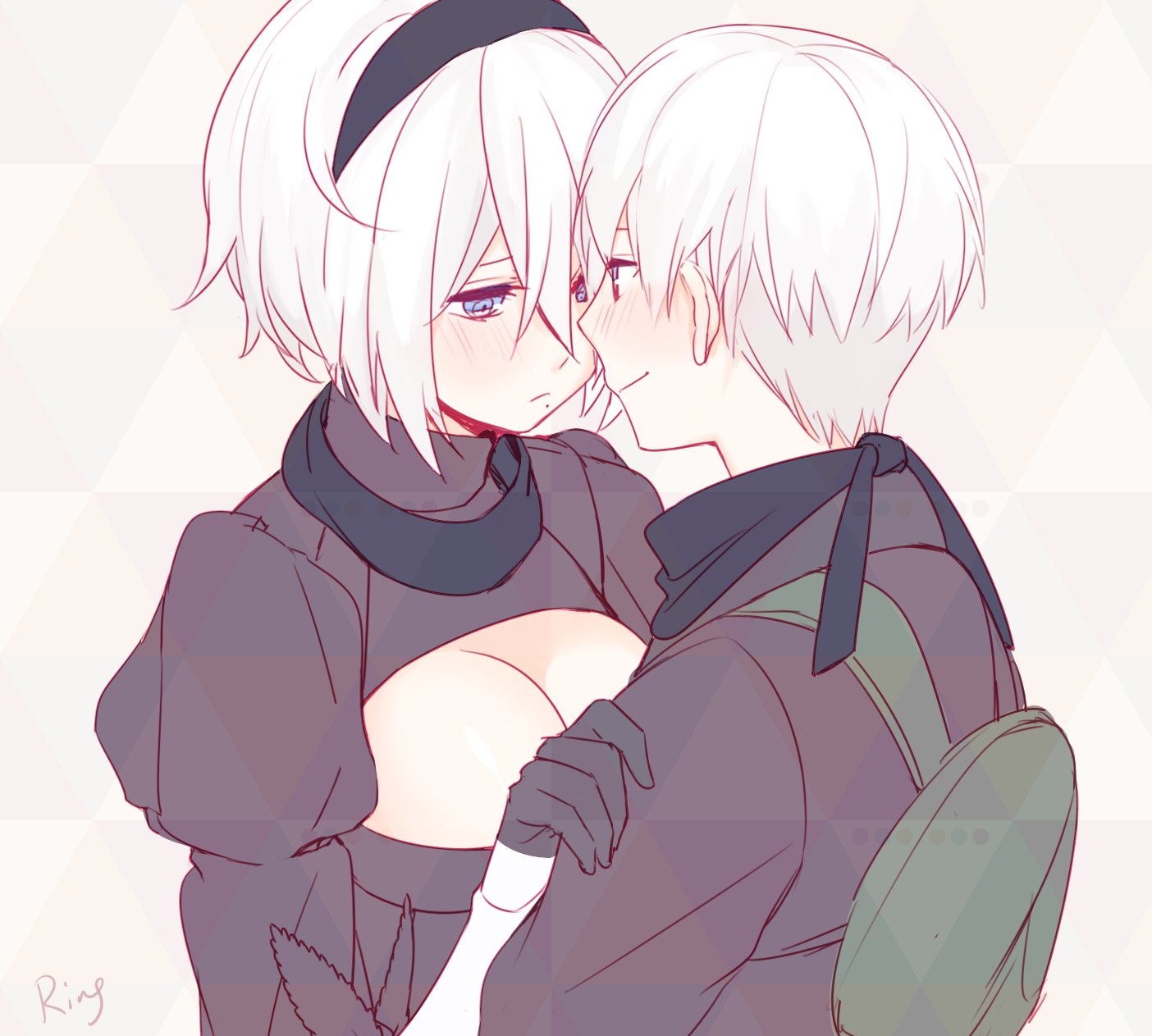 1boy 1girl aki663 black_gloves blindfold blue_eyes blush breasts cleavage cleavage_cutout gloves hair_between_eyes hairband hand_on_another's_shoulder highres large_breasts mole mole_under_eye mole_under_mouth nier_(series) nier_automata short_hair silver_hair yorha_no._2_type_b yorha_no._9_type_s