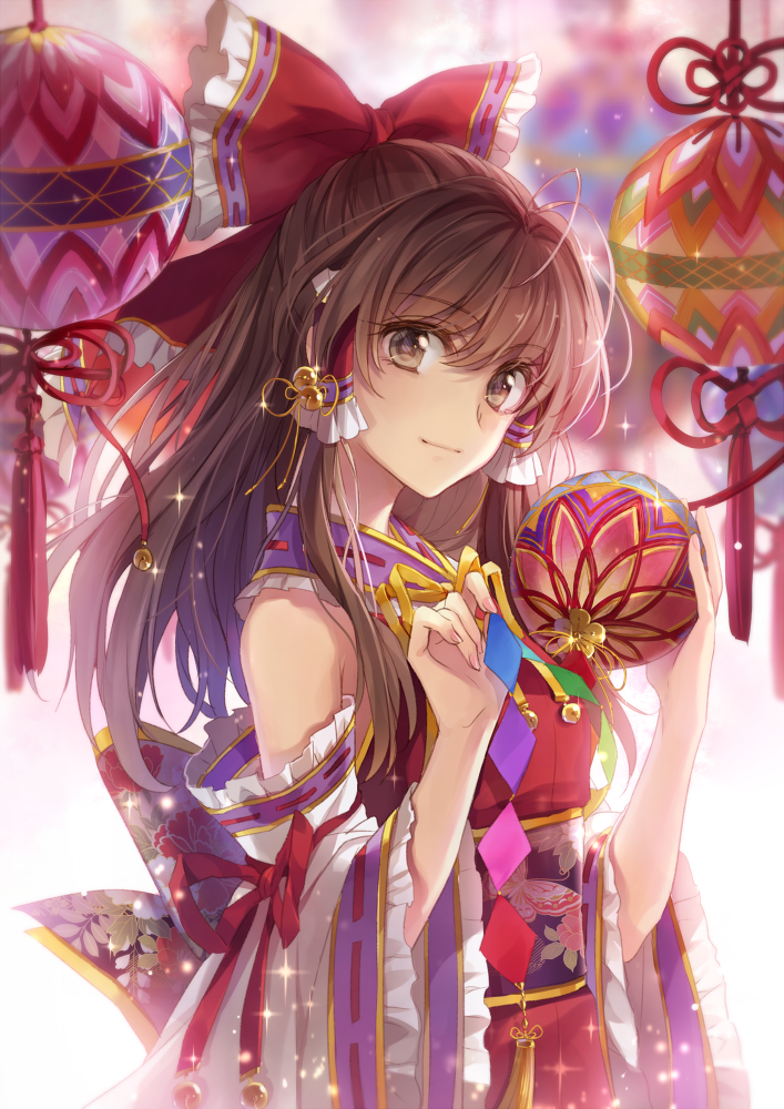 1girl bangs bell blurry blurry_background bow brown_eyes brown_hair detached_sleeves hagiwara_rin hair_bow hakurei_reimu japanese_clothes long_hair miko red_bow red_ribbon ribbon solo strapless touhou