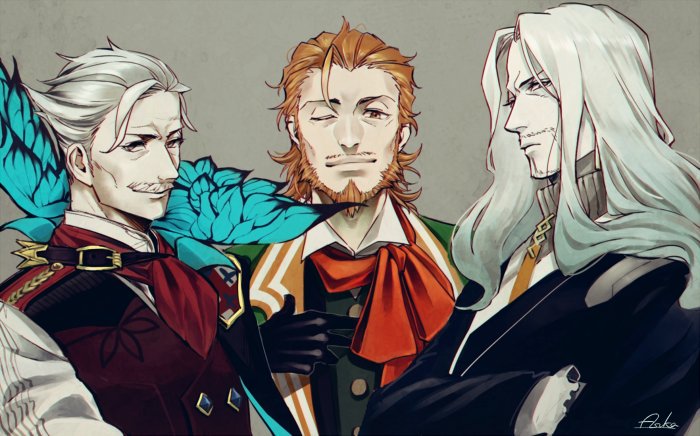 3boys beard black_gloves brown_hair butterfly caster_of_red facial_hair fate/extra fate/grand_order fate_(series) gloves gradient_hair grey_background james_moriarty_(fate/grand_order) lancer_of_black long_hair looking_at_viewer male_focus multicolored_hair multiple_boys mustache one_eye_closed pale_skin short_hair simple_background smile upper_body vest white_hair