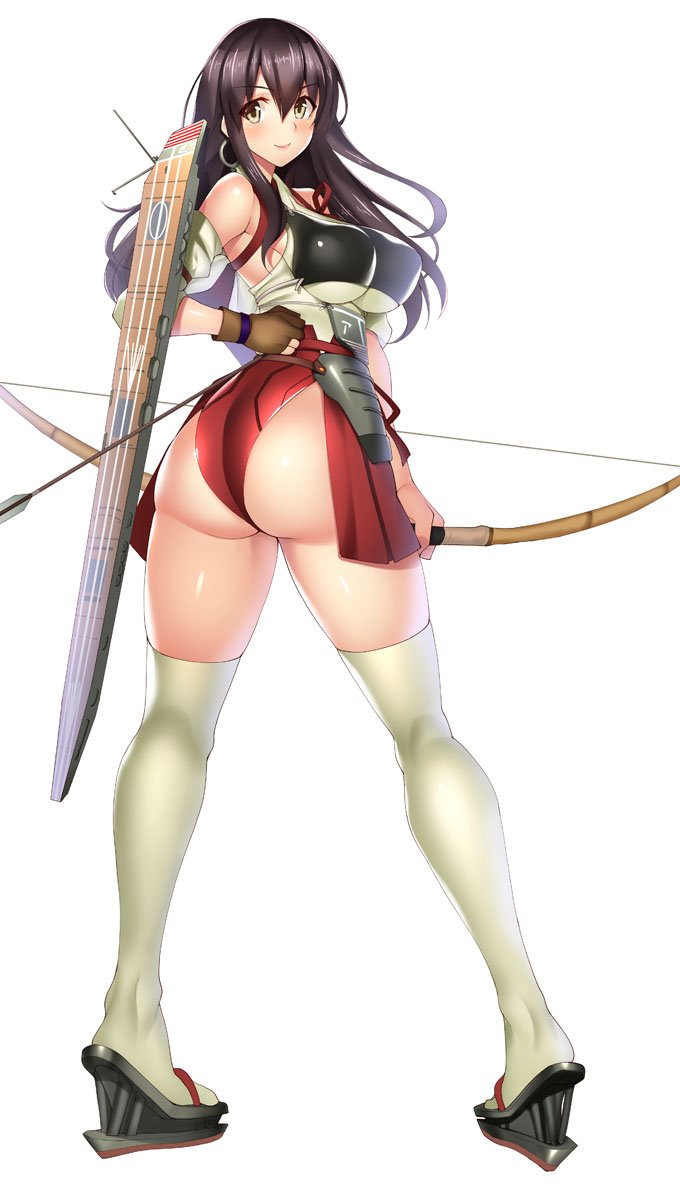 1girl adapted_costume akagi_(kantai_collection) ass bad_anatomy bare_shoulders bow_(weapon) breasts brown_eyes brown_hair closed_mouth commentary_request detached_sleeves eyebrows_visible_through_hair faulds flight_deck from_behind full_body gloves highres holding_bow_(weapon) kantai_collection large_breasts leotard lips long_hair looking_at_viewer looking_back muneate partly_fingerless_gloves shiny shiny_hair shiny_skin shoes simple_background smile standing straight_hair takeda_aranobu thigh-highs twisted_torso weapon white_background white_legwear yugake