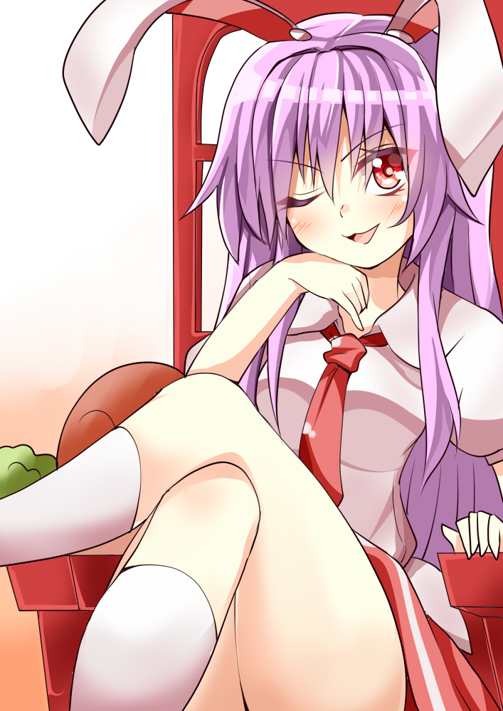 &gt;;d 1girl :3 ;d aki_chimaki animal_ears bangs blush chair chin_rest collared_shirt eyebrows_visible_through_hair hair_between_eyes kneehighs legs_crossed long_hair looking_at_viewer necktie one_eye_closed open_mouth puffy_short_sleeves puffy_sleeves purple_hair rabbit_ears red_eyes red_necktie red_skirt reisen_udongein_inaba shirt short_sleeves sidelocks sitting skirt smile solo touhou white_shirt