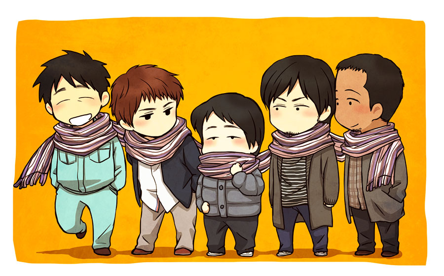 5boys arino_shin'ya beard black_hair chibi coat covered_mouth facial_hair full_body gamecenter_cx inoue_yuuya kita_(nana0015) lineup looking_at_another male_focus multiple_boys no_mouth orange_background sasano_hiroshi scarf shared_scarf short_hair simple_background toujima_shinichirou uniform urakawa_shun