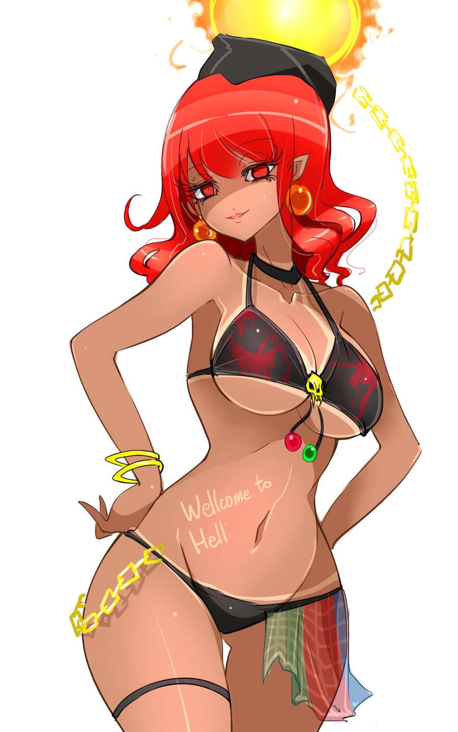 1girl bangle bikini bikini_tan black_bikini body_writing bracelet breasts chains choker cleavage collarbone contrapposto curvy dark_skin earrings english eyelashes gold_chain groin hands_on_hips hat hecatia_lapislazuli highres jewelry large_breasts looking_at_viewer navel parted_lips pointy_ears raptor7 red_eyes redhead short_hair simple_background smile solo sun sun_(ornament) sun_tattoo swimsuit tan tanline thigh_strap thighs touhou typo under_boob white_background wide_hips