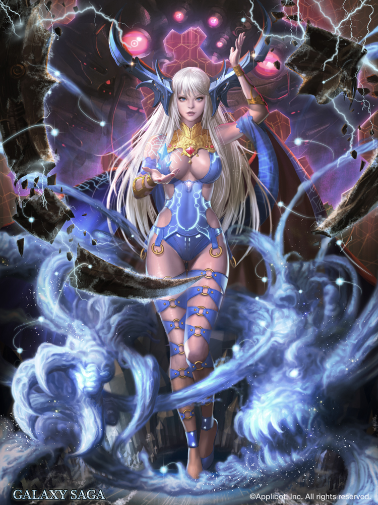1girl blue_eyes bracer breasts company_name copyright_name crystal detached_sleeves electricity english full_body galaxy_saga gluteal_fold horns icy_guardian kilart large_breasts leotard lips long_hair magic nail_polish parted_lips realistic revision silver_hair smoke solo standing thigh_strap very_long_hair watermark