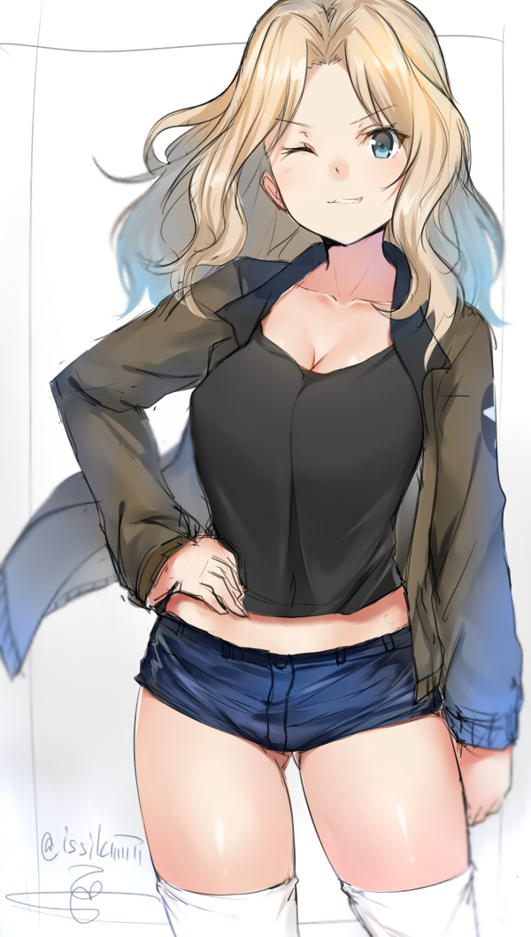 1girl blonde_hair blue_eyes breasts cleavage collarbone cowboy_shot eyebrows_visible_through_hair girls_und_panzer gluteal_fold green_jacket hand_on_hip isshiki_(ffmania7) jacket kay_(girls_und_panzer) long_hair long_sleeves looking_at_viewer medium_breasts midriff one_eye_closed saunders_military_uniform short_shorts shorts simple_background sketch smirk solo tank_top thigh-highs twitter_username white_legwear wind