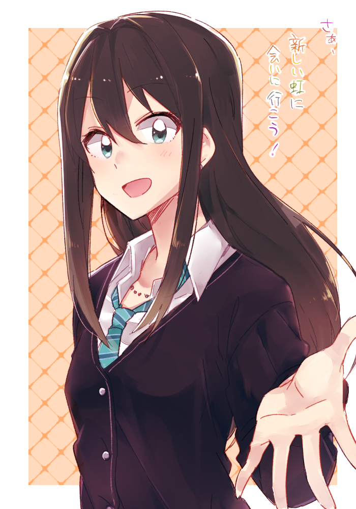 1girl brown_hair facing_viewer green_eyes hair_between_eyes idolmaster idolmaster_cinderella_girls jewelry long_hair looking_at_viewer necklace necktie open_mouth outstretched_hand shibuya_rin six_(fnrptal1010) solo translation_request upper_body