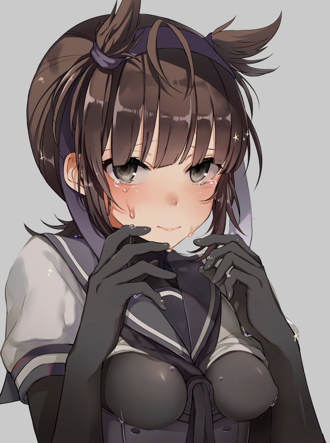 1girl between_breasts black_eyes bodysuit bodysuit_under_clothes breasts brown_hair grey_background hair_ribbon hairband hatsuzuki_(kantai_collection) kantai_collection looking_at_viewer oniku_(oishii_oniku) ribbon sailor_collar simple_background skin_tight small_breasts solo tears upper_body