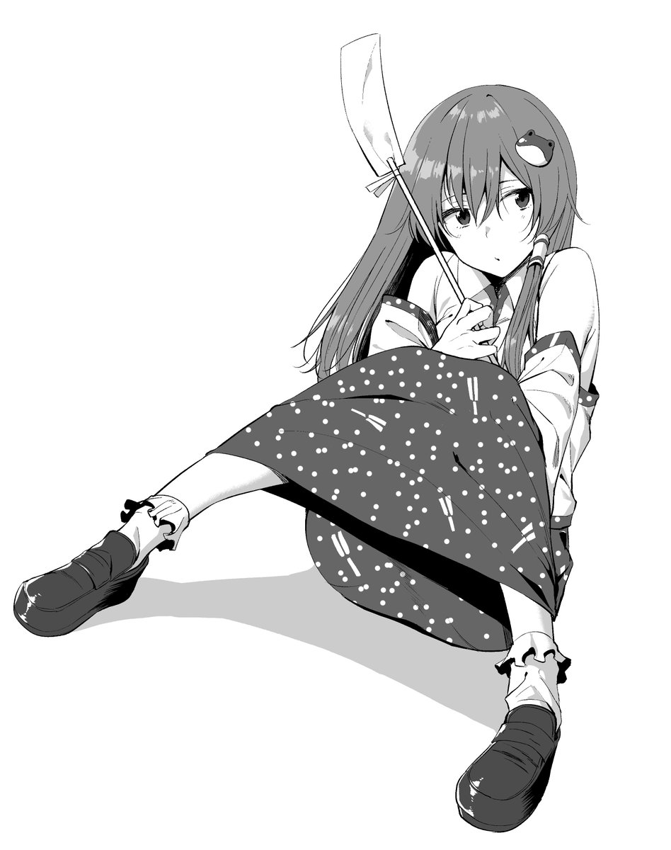 1girl bare_shoulders bobby_socks collared_shirt detached_sleeves don_(don_0608) frilled_legwear frog_hair_ornament full_body gohei greyscale hair_between_eyes hair_ornament hair_tubes highres kochiya_sanae loafers long_hair monochrome shirt shoes simple_background sitting skirt socks solo touhou white_background wing_collar
