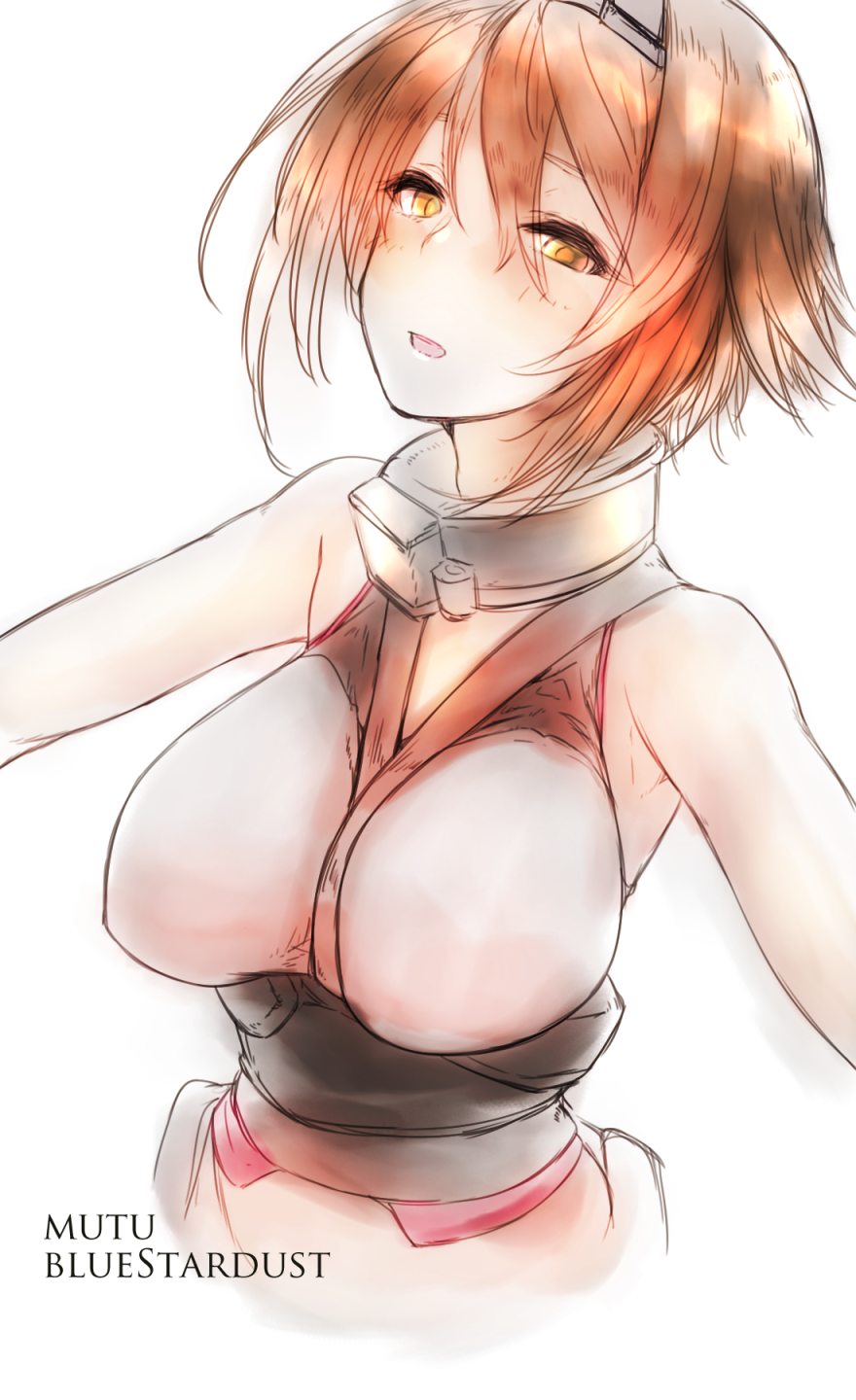 1girl armpits artist_name bare_shoulders blush breasts brown_eyes brown_hair character_name collar engrish headgear highres kantai_collection kojima_(blue_stardust) large_breasts lighting looking_at_viewer mutsu_(kantai_collection) open_mouth ranguage short_hair sleeveless solo upper_body