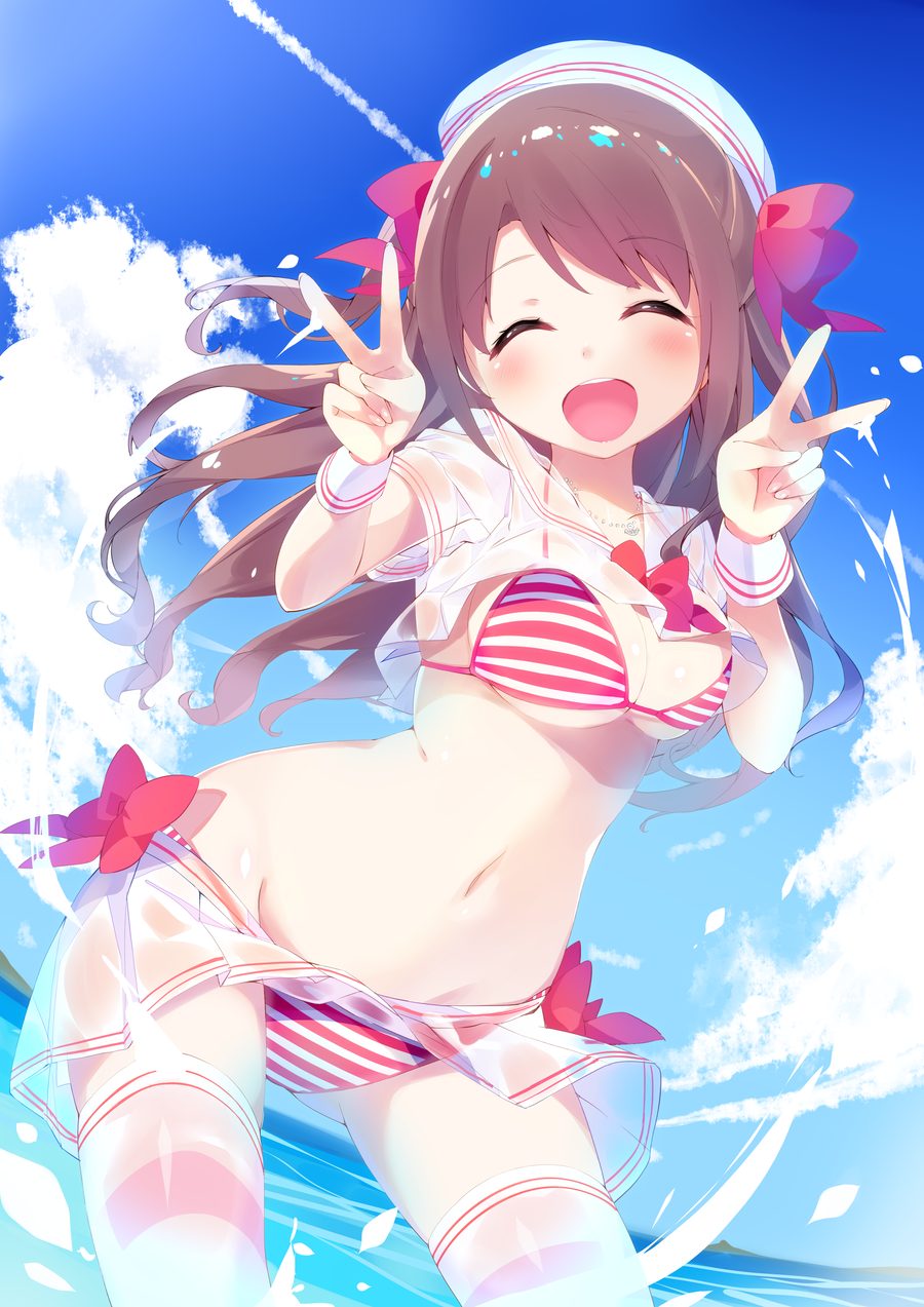 1girl :d bikini breasts brown_hair chikuwa. cleavage closed_eyes double_v dress half_updo highres idolmaster idolmaster_cinderella_girls long_hair looking_at_viewer medium_breasts miniskirt navel ocean one_side_up open_mouth sailor_dress shimamura_uzuki skirt sky smile solo striped striped_bikini swimsuit swimsuit_under_clothes thigh-highs v wading wet wet_clothes white_legwear