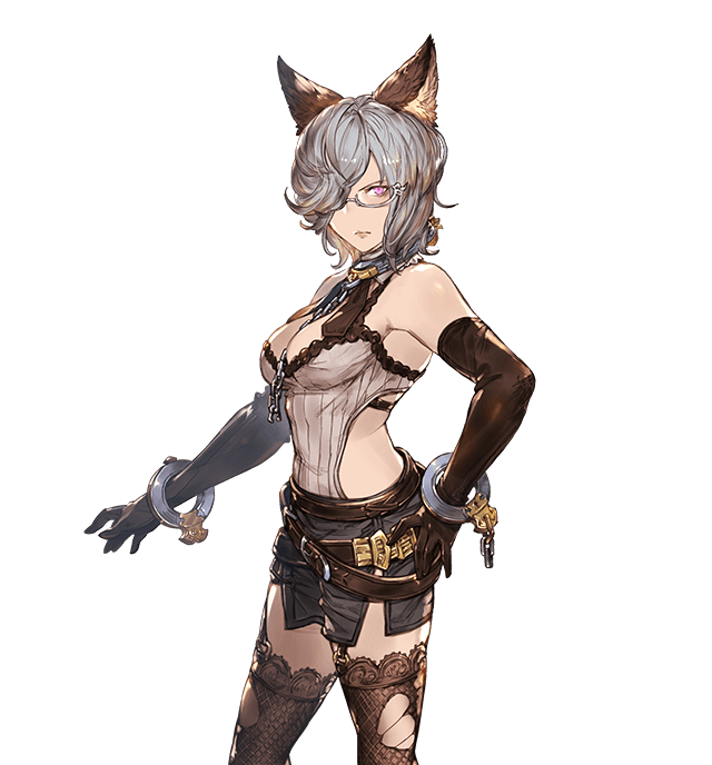 1girl animal_ears bangs bare_shoulders belt black_legwear breasts chains cleavage elbow_gloves erun_(granblue_fantasy) freesia_von_bismarck garter_straps glasses gloves granblue_fantasy hair_over_one_eye hand_on_hip looking_at_viewer medium_breasts minaba_hideo official_art serious short_hair silver_hair skirt solo thigh-highs torn_clothes torn_thighhighs transparent_background violet_eyes zettai_ryouiki