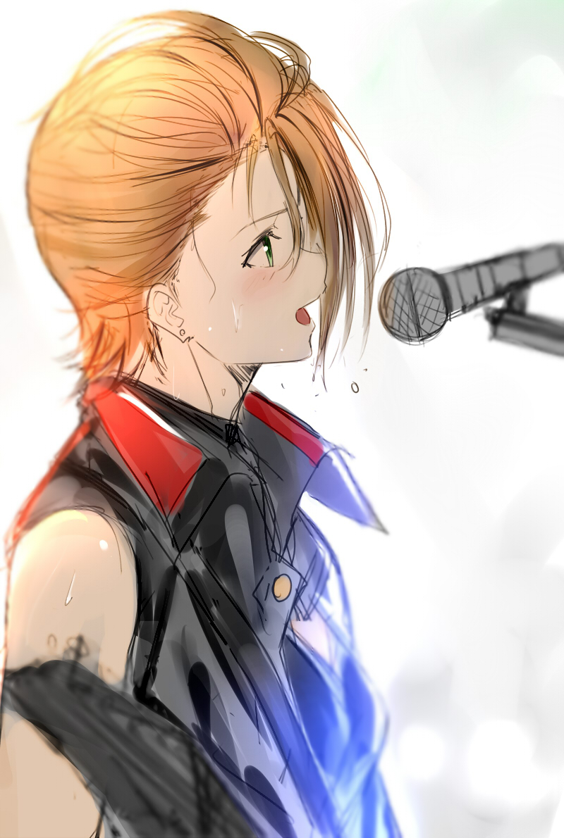 1girl bare_arms dripping earrings from_side green_eyes idolmaster idolmaster_cinderella_girls isshiki_(ffmania7) jewelry kimura_natsuki microphone music open_mouth short_hair singing sketch solo sweat white_background