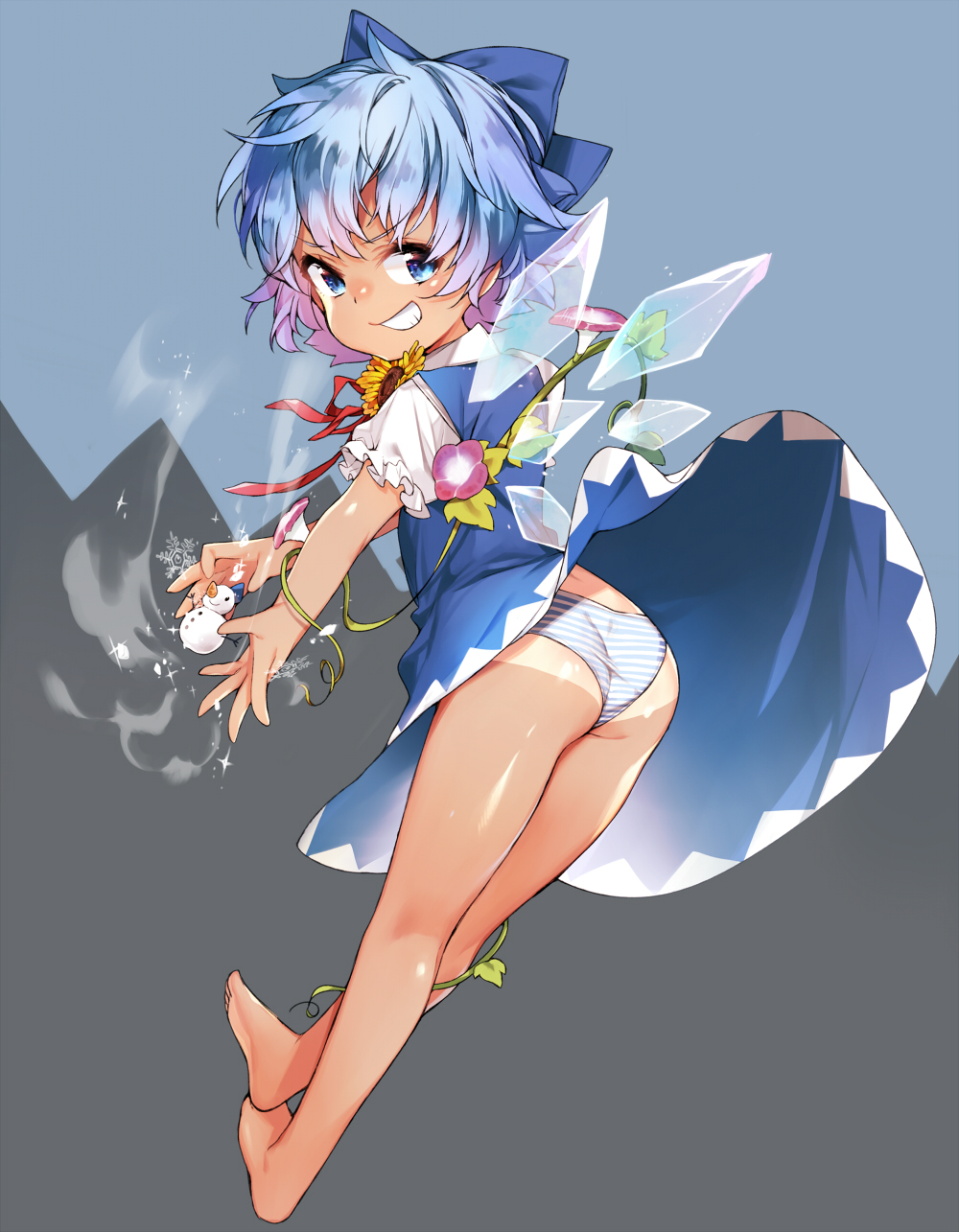 1girl ass bare_legs barefoot blue_eyes blue_hair bow cirno dress flower from_behind full_body grin hair_bow highres looking_back one-piece_tan panties ribbon short_hair simple_background smile snowman solo striped striped_panties sunflower takotsu tan tanline touhou underwear wings